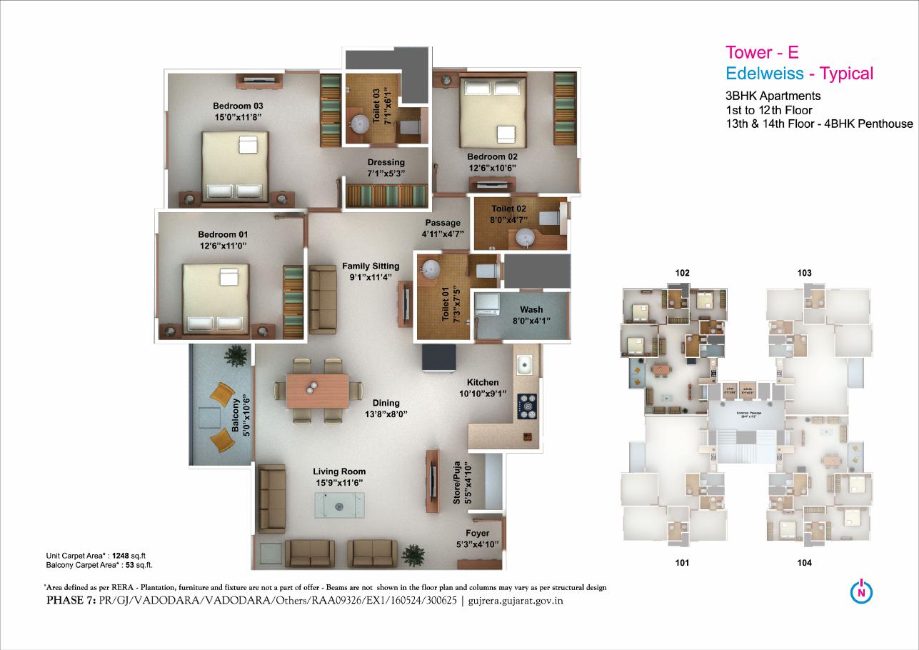 Tower E Edelweiss typical 3BHK floor plan, 1248 sq ft carpet